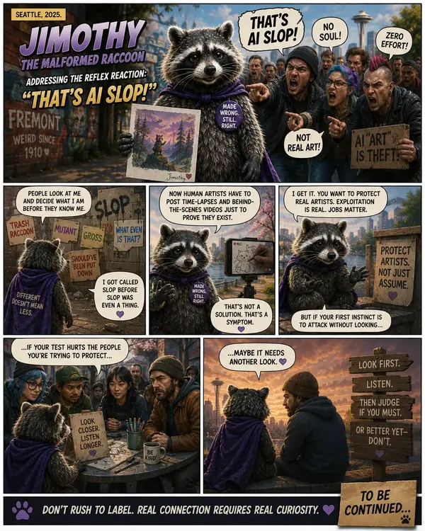 Comic page in which a crowd shouts “That's AI slop!” at a raccoon holding a picture, and he responds by talking about being judged on sight his whole life.
