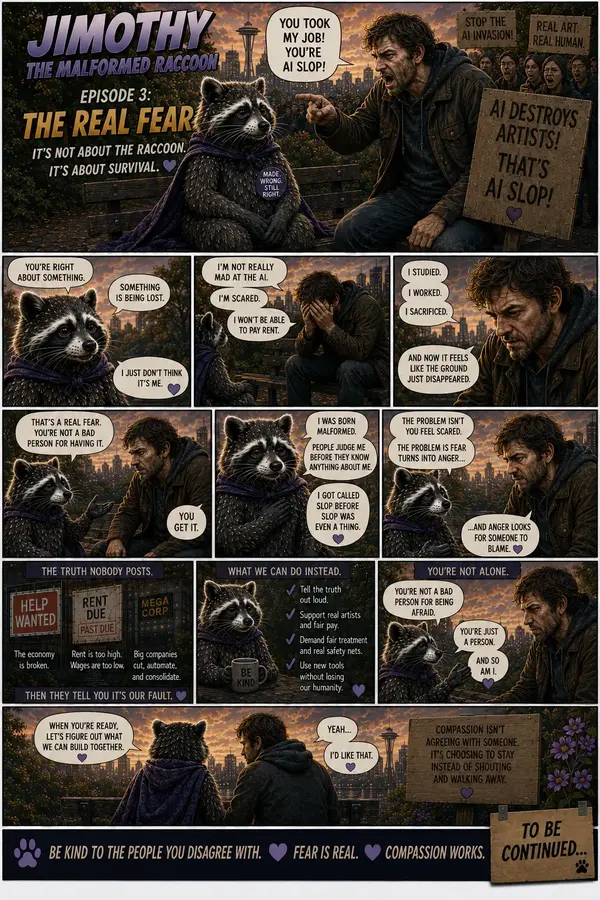 Comic page in which an angry protester and a raccoon sit on a park bench at sunset and talk honestly about job loss, rent, and fear turning into anger.