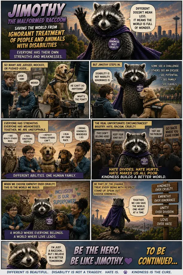 Comic page in which a caped raccoon defends a boy in a wheelchair and a disabled dachshund from mockery, celebrating different abilities and ending with signposts reading kindness over cruelty and love over hate.