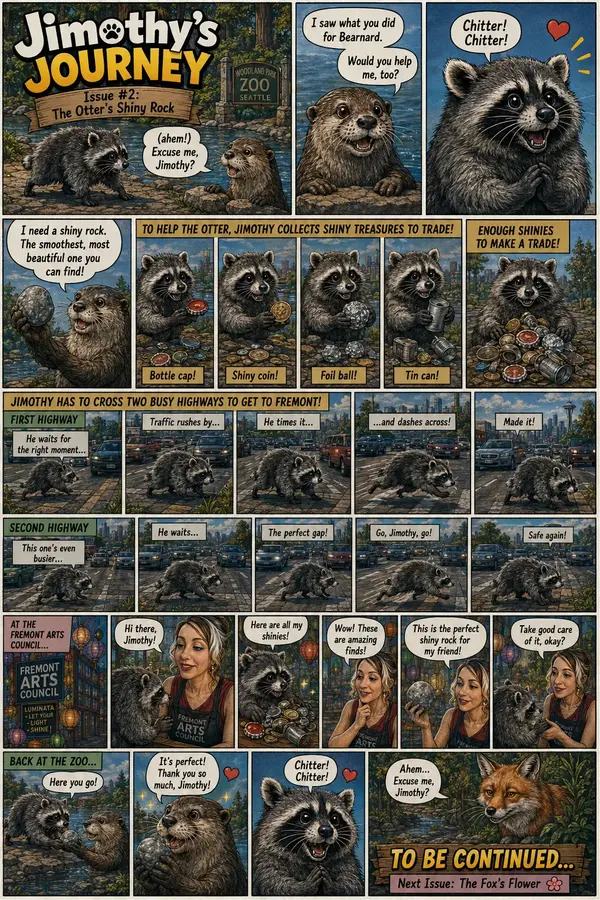 Comic page: an otter asks a raccoon for a smooth shiny rock; the raccoon gathers shiny trash, crosses two highways, trades at the Fremont Arts Council for a polished stone, and delivers it, while a fox waits with the next request.