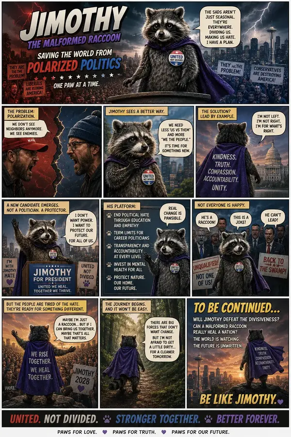 Comic page in which a caped raccoon campaigns against political polarization, presents a platform of kindness, truth, compassion, accountability and unity, and faces hecklers before a crowd ready for something different.