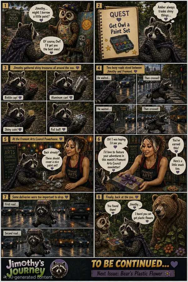 Comic page: an owl in a painter's smock asks a raccoon for paint; he collects shiny objects, crosses two Seattle streets, trades at the Fremont Arts Council for a paint set, and brings it back to the zoo.