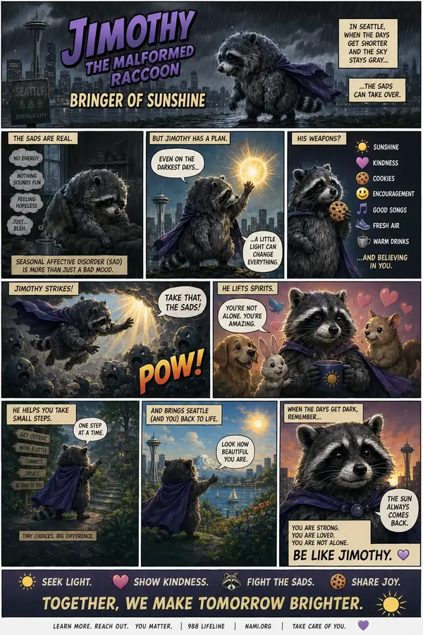 Comic page in which a caped raccoon battles shadowy Sads over a rainy Seattle skyline, lists small coping steps, and reassures readers that they are not alone and the sun always comes back.