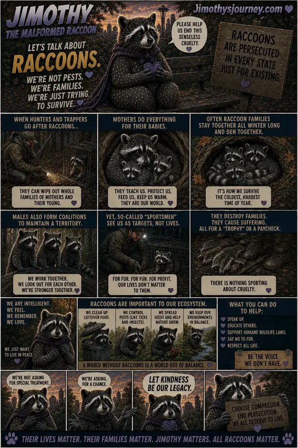 Comic page advocating for raccoons, showing raccoon families denning together and caring for their young alongside panels about trapping and fur hunting, ending with a list of ways readers can help.