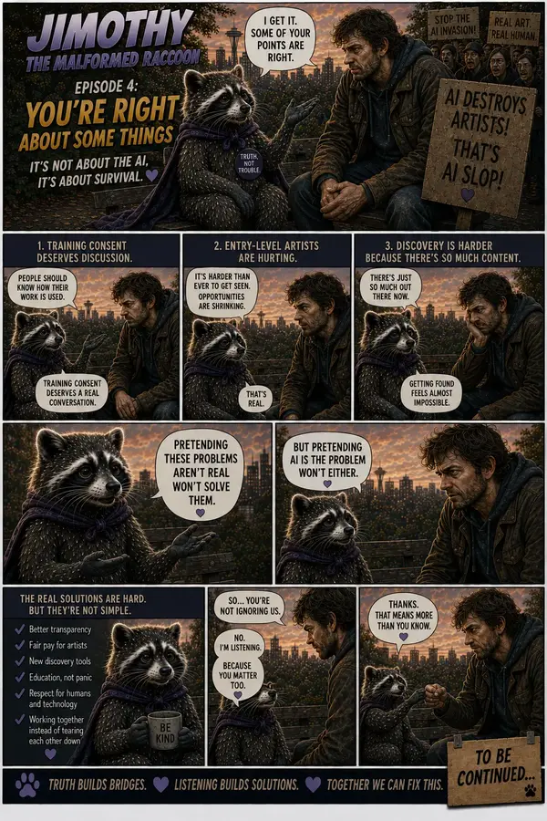 Comic page in which a raccoon agrees with a protester's points about training consent, entry-level artists and discoverability, and the two end up listening to each other.