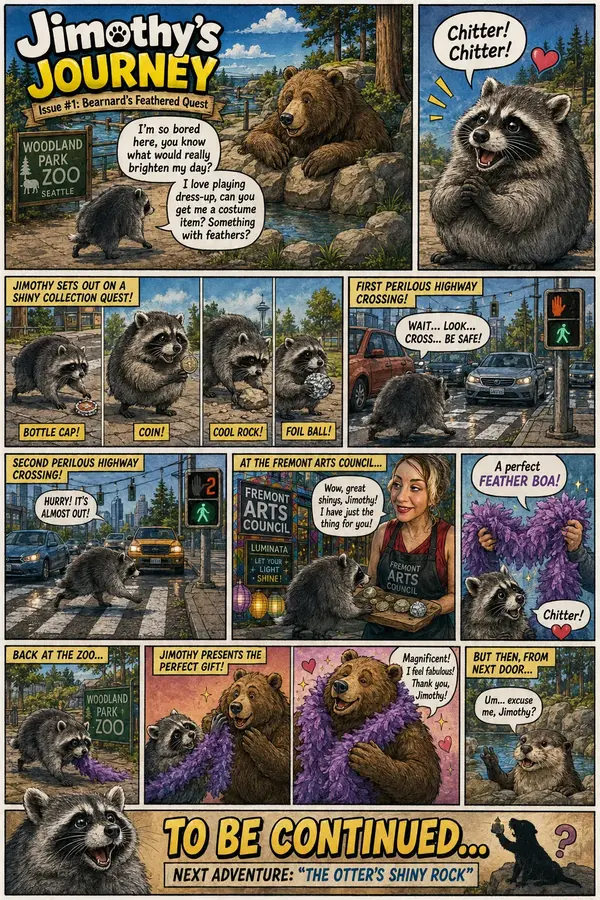 Comic page: a bored brown bear asks a raccoon for a feathered costume item; the raccoon collects shiny objects, crosses two busy highways, trades them at the Fremont Arts Council for a purple feather boa, and delivers it to the delighted bear.