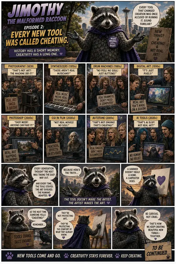Comic page showing angry crowds through history rejecting photography, synthesizers, drum machines, digital art, Photoshop, CGI, autotune and AI tools, with a raccoon narrating that the tool never makes the artist.