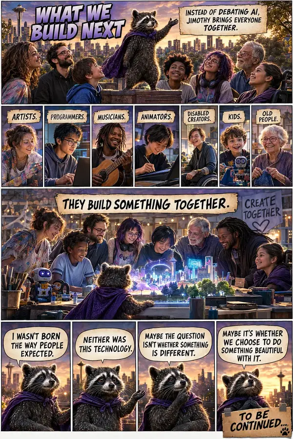 Comic page in which a raccoon gathers artists, programmers, musicians, kids and elders around a table where they build a glowing model city together.