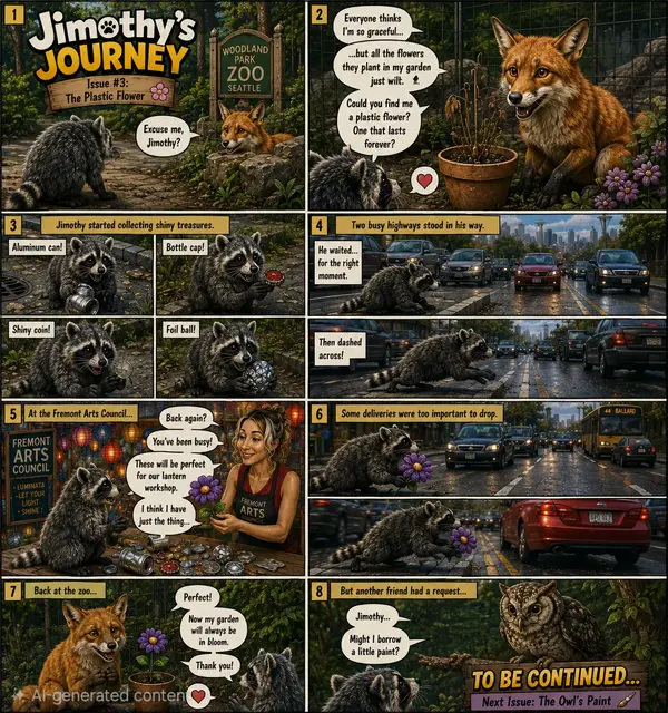 Comic page: a fox asks a raccoon for a plastic flower that never wilts; he collects shiny treasures, crosses two highways, trades at the Fremont Arts Council, and carries a purple flower back to her garden.